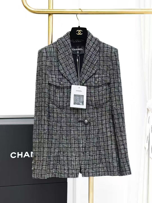 Chanel 19P Gray Checkered Suit Collar Tweed Knit Jacket