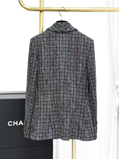 Chanel 19P Gray Checkered Suit Collar Tweed Knit Jacket