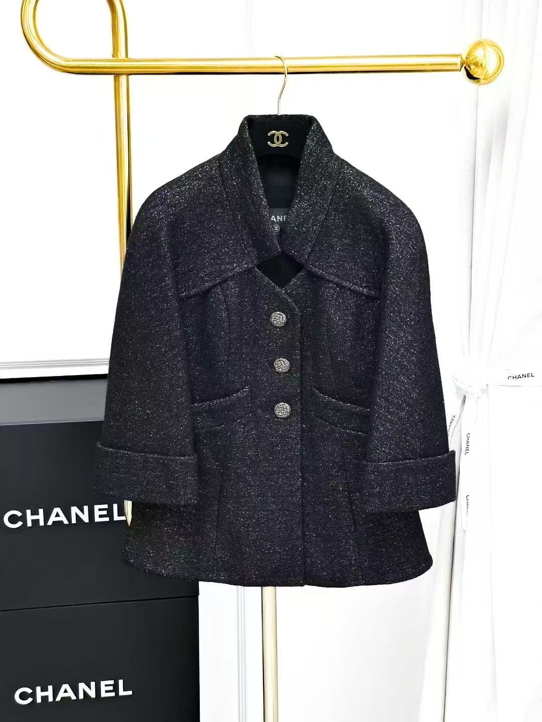Chanel 18B Black Stand Collar Fine Shimmer Three-Quarter Sleeve Jacket