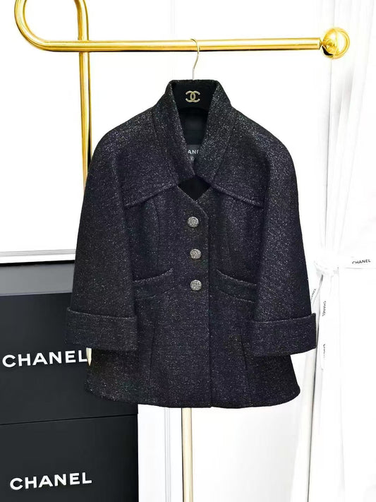 Chanel 18B Black Stand Collar Fine Shimmer Three-Quarter Sleeve Jacket