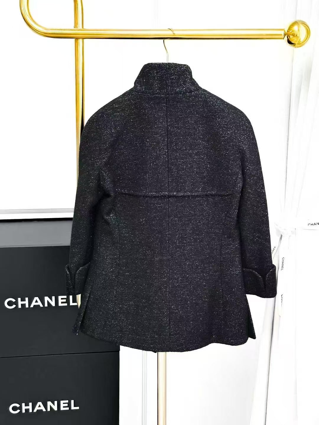Chanel 18B Black Stand Collar Fine Shimmer Three-Quarter Sleeve Jacket
