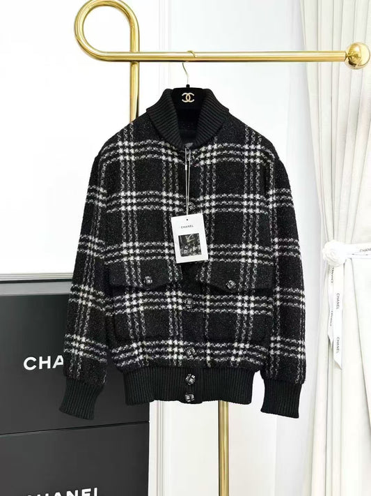 Chanel 22K Black and White Checkered Long-Sleeve Stand-Up Collar Baseball Jacket