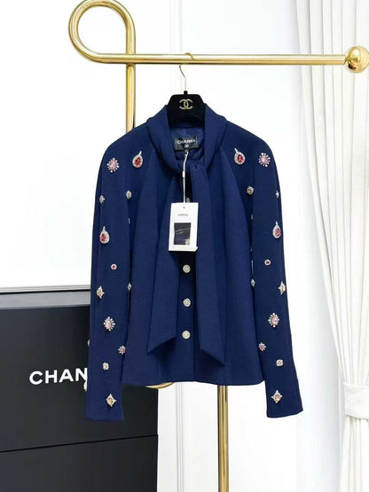 Chanel 22A Navy Blue Embroidered Beaded Gemstone Sash Jacket
