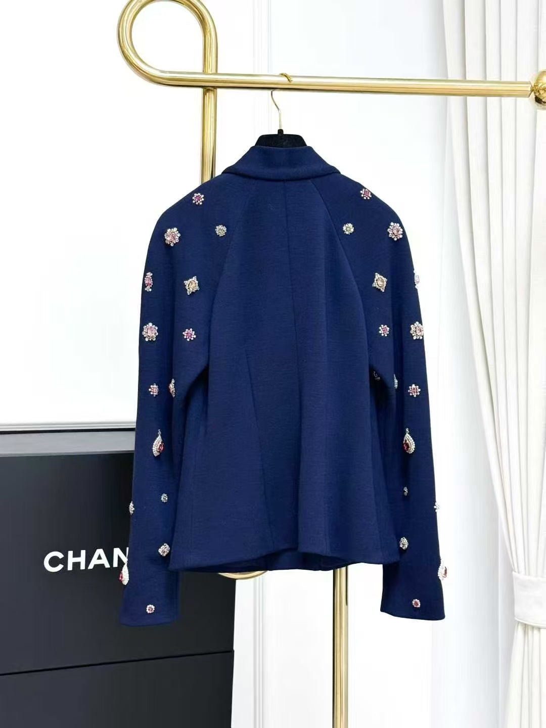 Chanel 22A Navy Blue Embroidered Beaded Gemstone Sash Jacket