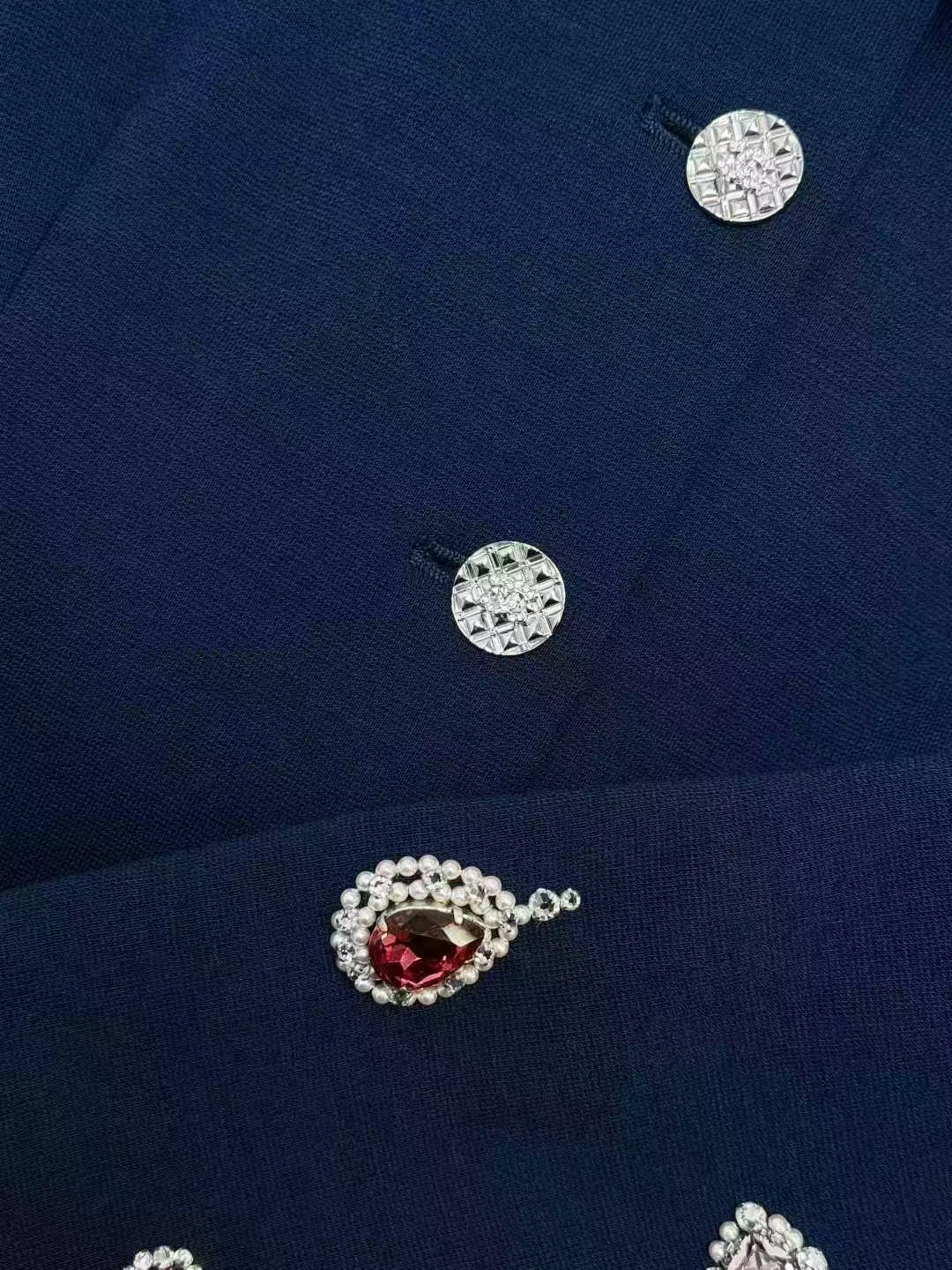 Chanel 22A Navy Blue Embroidered Beaded Gemstone Sash Jacket