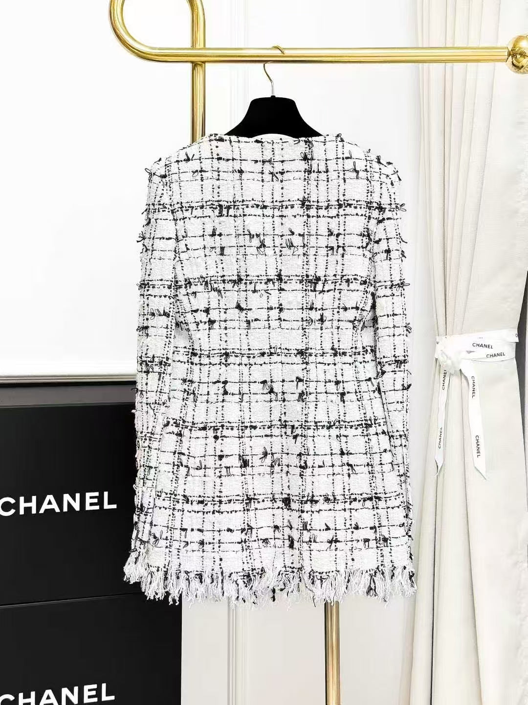 Chanel 22C Black and White Checkered Fringe Tweed Knit Jacket