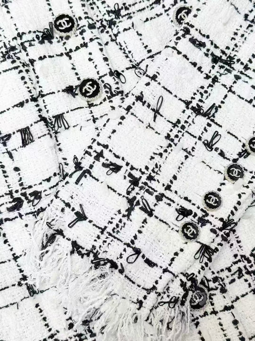 Chanel 22C Black and White Checkered Fringe Tweed Knit Jacket