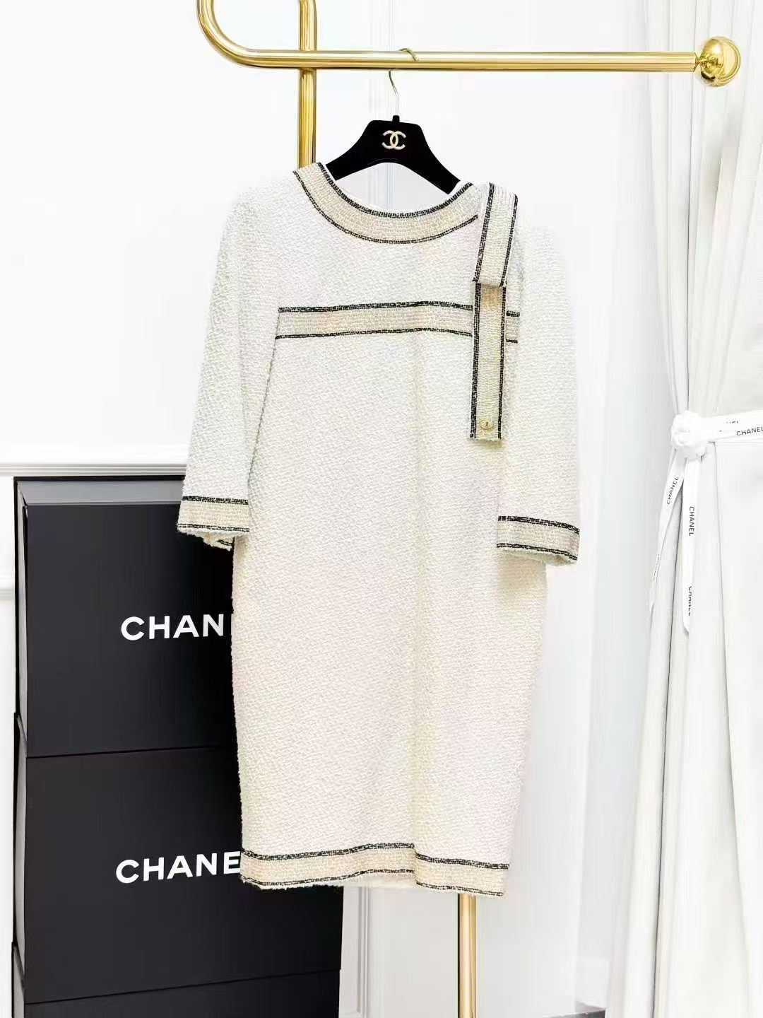 Chanel Metropolitan Collection Cream-Colored Embroidered Beaded Mid-Sleeve Dress