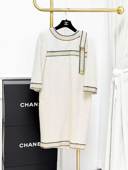 Chanel Metropolitan Collection Cream-Colored Embroidered Beaded Mid-Sleeve Dress