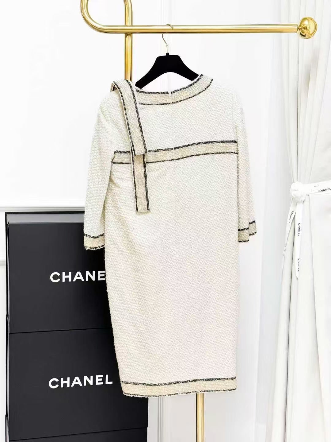 Chanel Metropolitan Collection Cream-Colored Embroidered Beaded Mid-Sleeve Dress