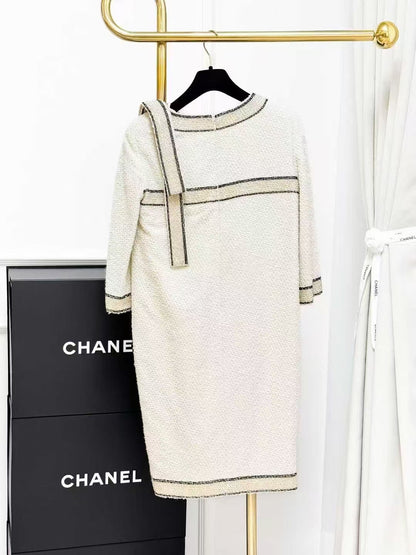 Chanel Metropolitan Collection Cream-Colored Embroidered Beaded Mid-Sleeve Dress