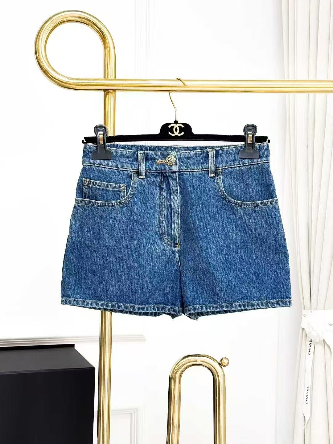 Chanel 22K Sapphire Double C Buckle Denim Shorts