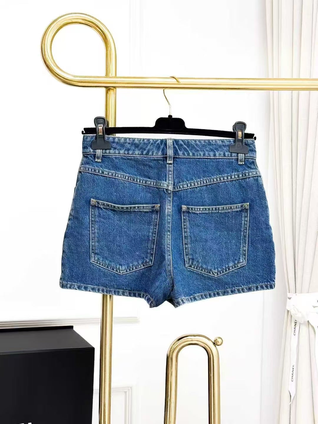 Chanel 22K Sapphire Double C Buckle Denim Shorts
