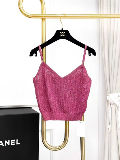 Chanel 21P Pink Silk Double C Diamond Buckle Knit Tank Top