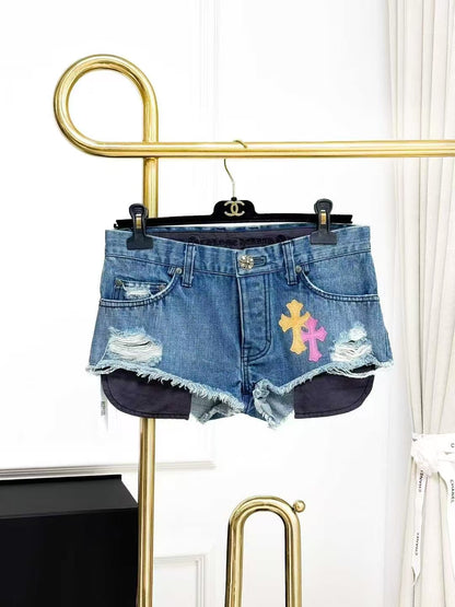 Chrome Hearts Color Phantom Cross Patch Denim Shorts