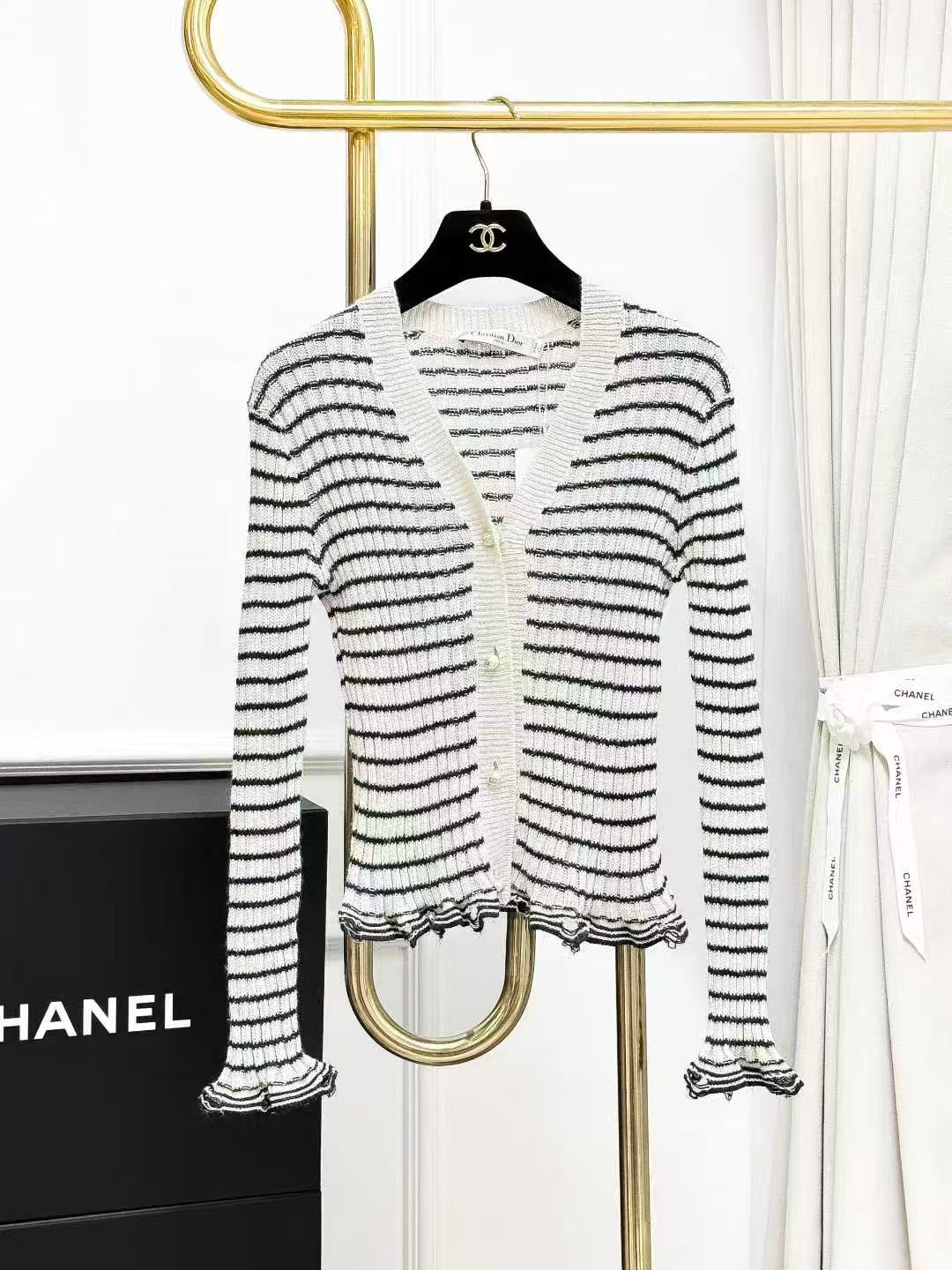 Dior Black and White Striped Knit Cardigan + Little Bee Embroidered Knit Vest