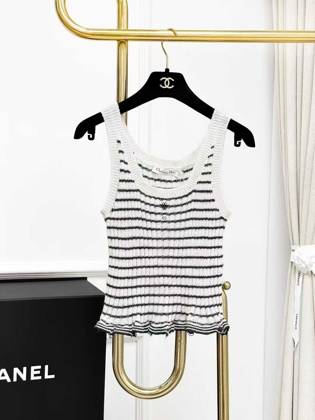 Dior Black and White Striped Knit Cardigan + Little Bee Embroidered Knit Vest