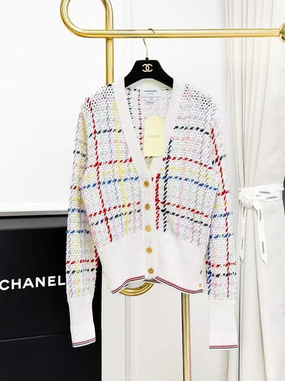 Thom Browne White-Based Color-Blocked Plaid Long-Sleeve Knit Cardigan