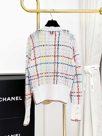 Thom Browne White-Based Color-Blocked Plaid Long-Sleeve Knit Cardigan