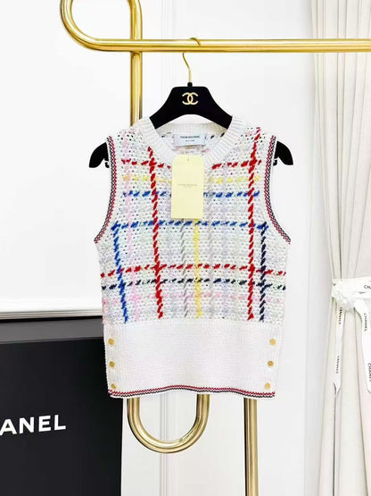 Thom Browne White-Based Color-Blocked Checkered Sleeveless Knit Vest