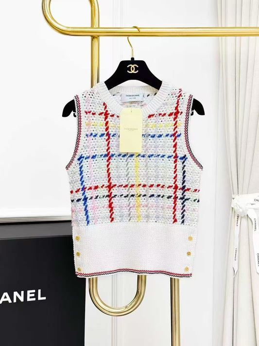 Thom Browne White-Based Color-Blocked Checkered Sleeveless Knit Vest