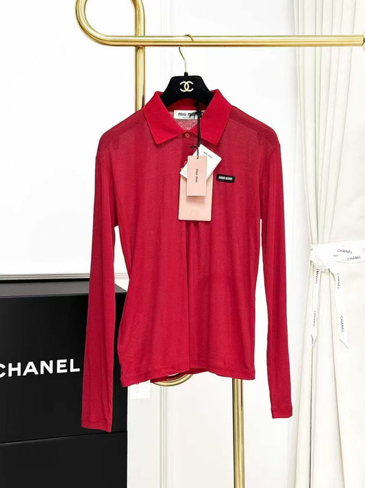 MiuMiu Best-Selling Red Polo-Neck Long-Sleeve T-Shirt