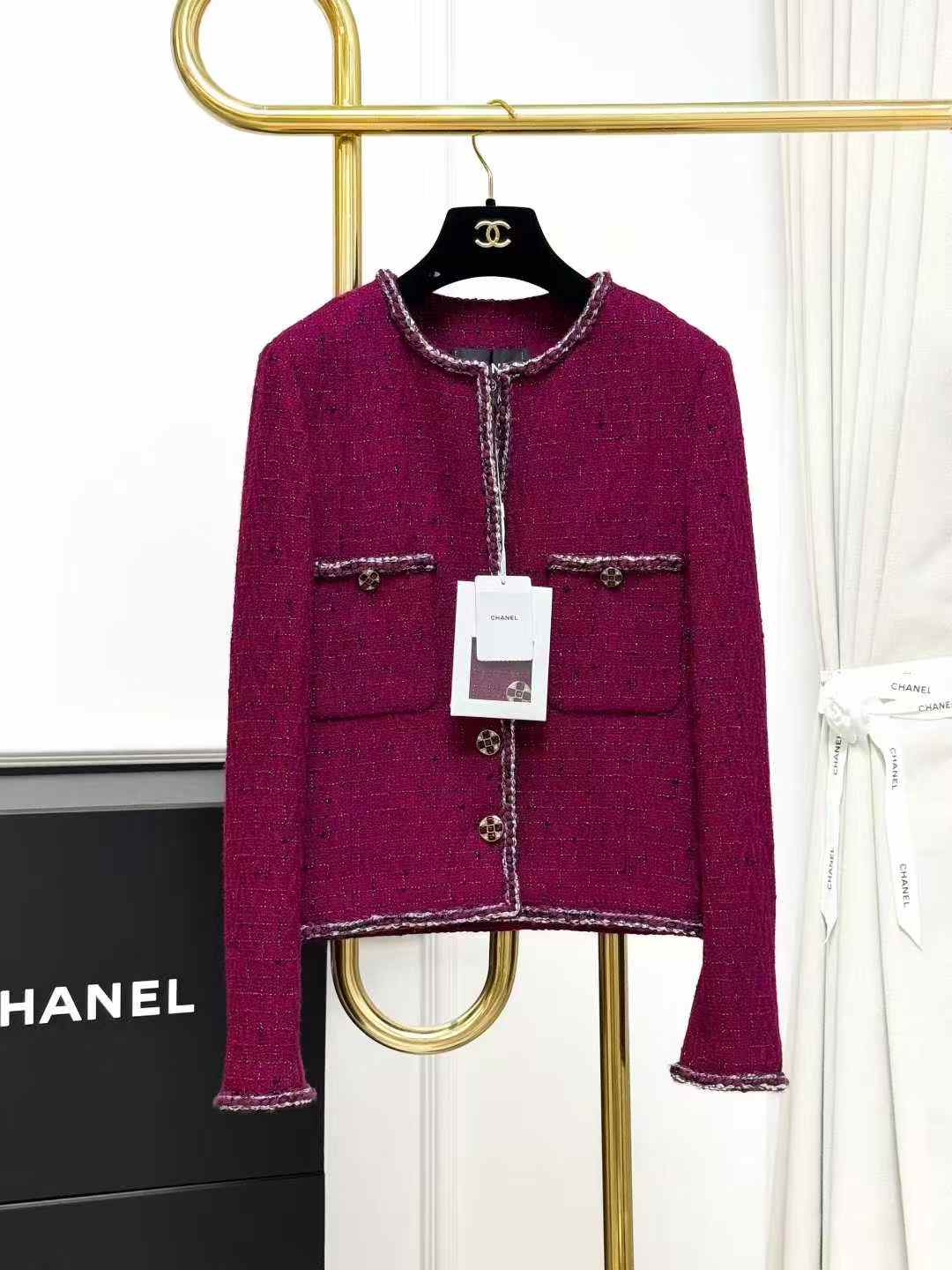 Chanel 22A Atelier Burgundy Knitted Jacket with Silver Piping