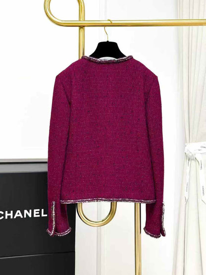 Chanel 22A Atelier Burgundy Knitted Jacket with Silver Piping