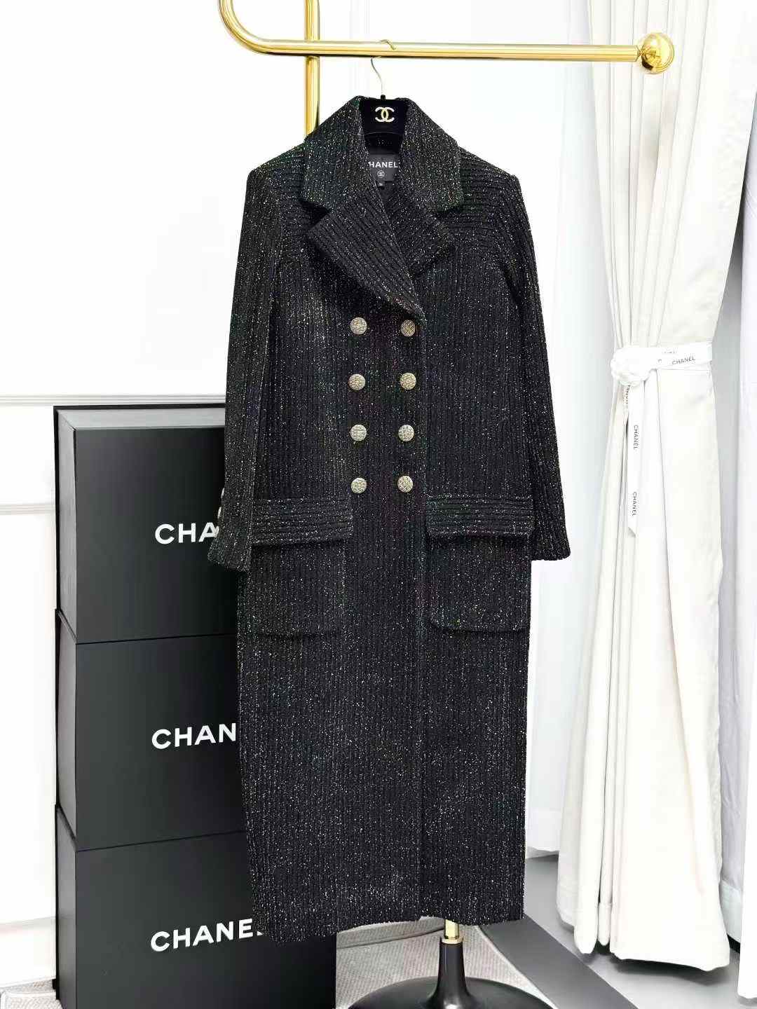 Chanel Mist Forest Collection Black Double-Breasted Long Coat with Gold Thread