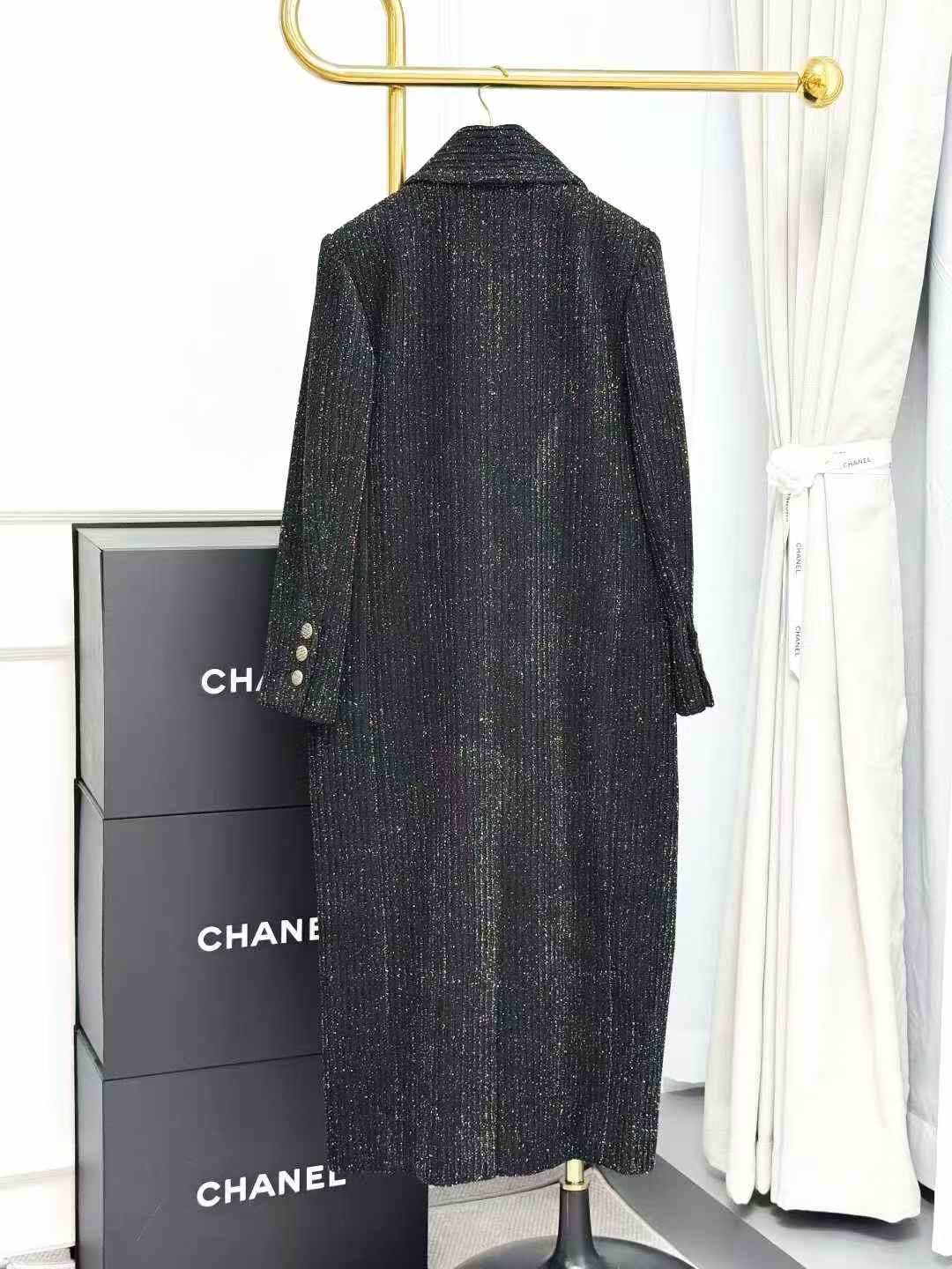 Chanel Mist Forest Collection Black Double-Breasted Long Coat with Gold Thread
