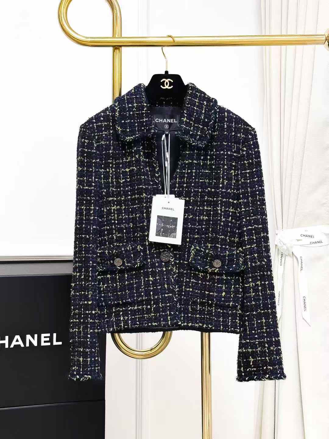 Chanel 22B Blue and Yellow Check Tartan Tweed Jacket