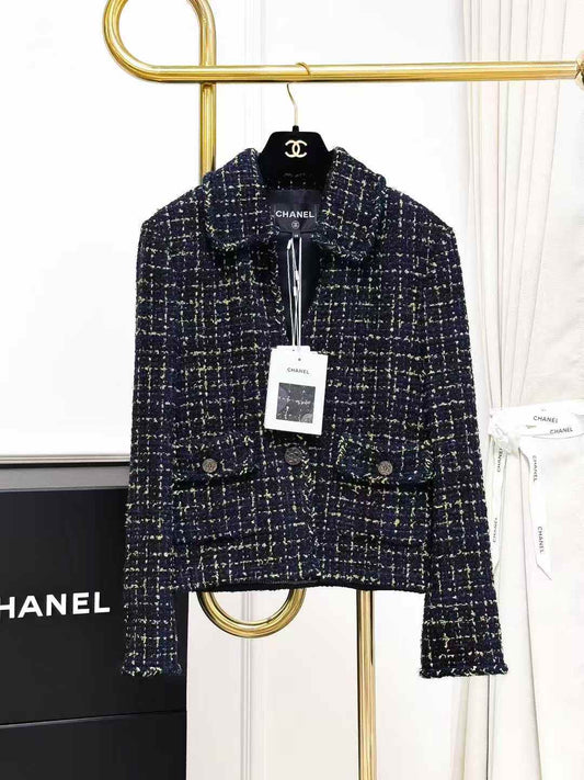 Chanel 22B Blue and Yellow Check Tartan Tweed Jacket