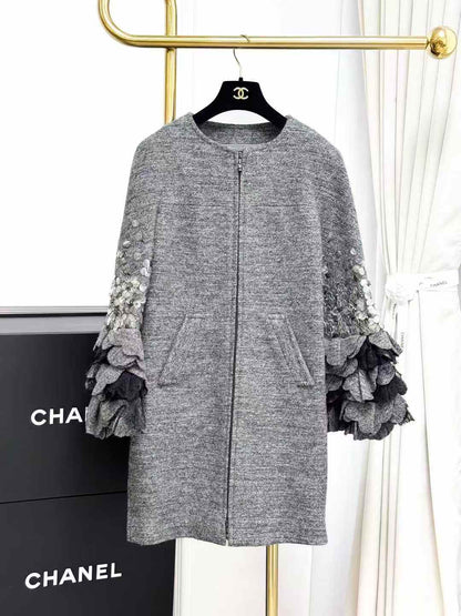 Chanel Roma Collection Heavy Beaded Lace Petal Cuff Grey Coat, Outerwear
