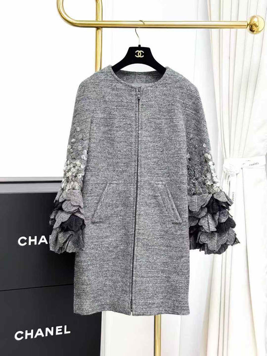 Chanel Roma Collection Heavy Beaded Lace Petal Cuff Grey Coat, Outerwear