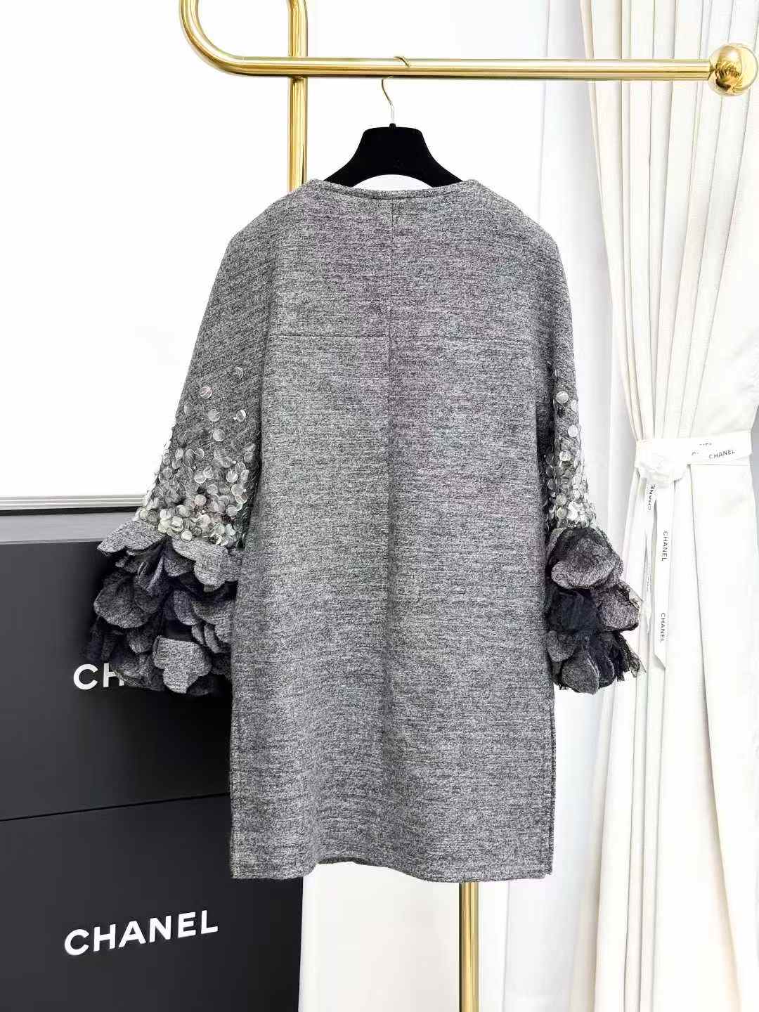Chanel Roma Collection Heavy Beaded Lace Petal Cuff Grey Coat, Outerwear