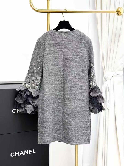 Chanel Roma Collection Heavy Beaded Lace Petal Cuff Grey Coat, Outerwear