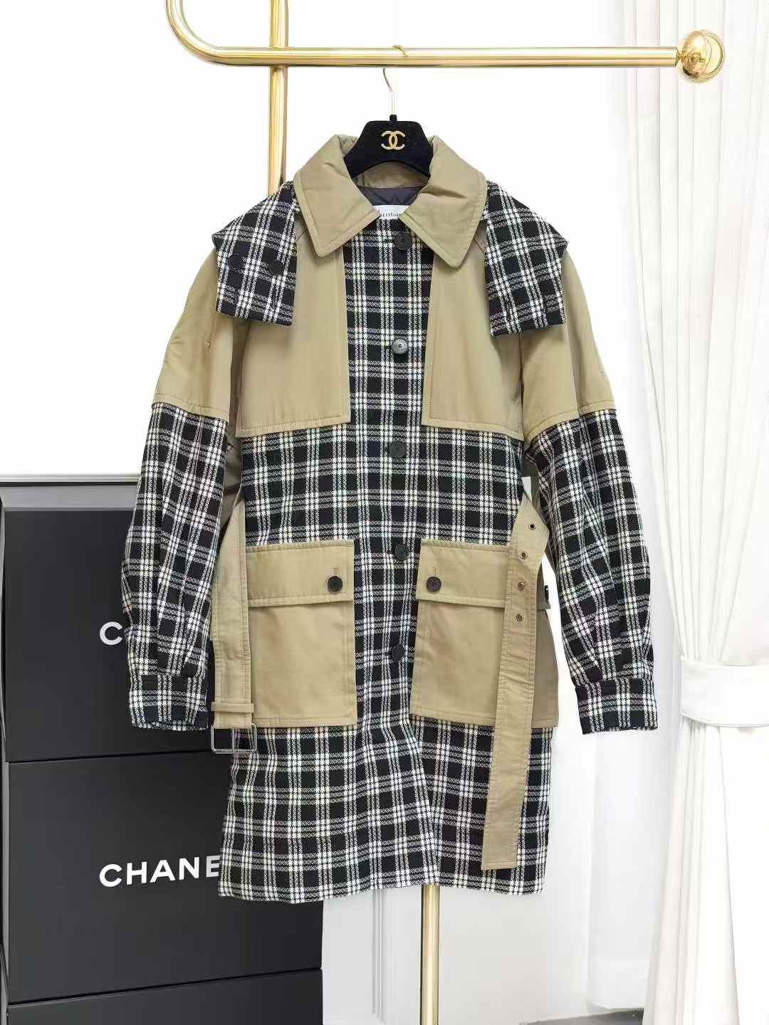 Dior Black and White Checkered Patchwork Khaki Long Quilted Trench Coat