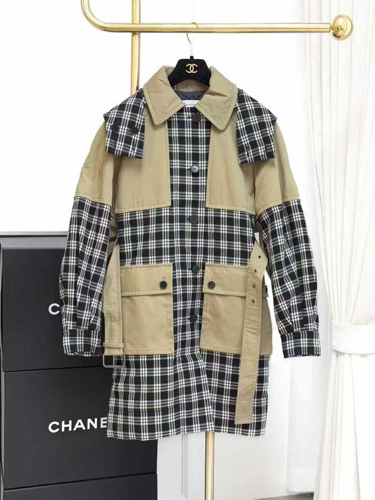 Dior Black and White Checkered Patchwork Khaki Long Quilted Trench Coat