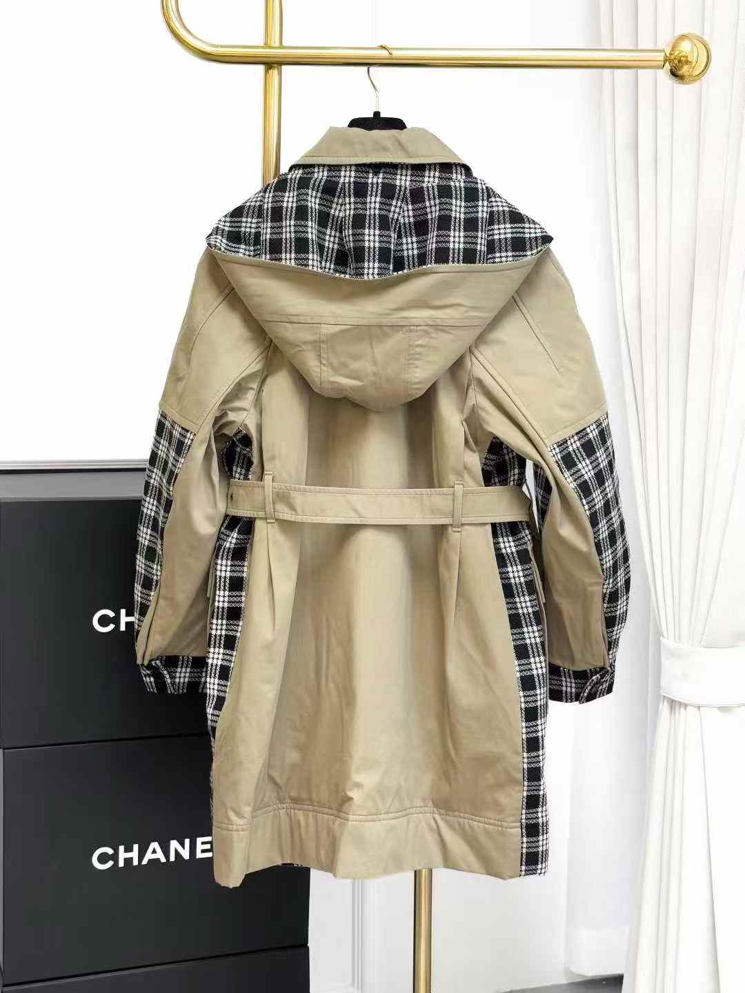 Dior Black and White Checkered Patchwork Khaki Long Quilted Trench Coat