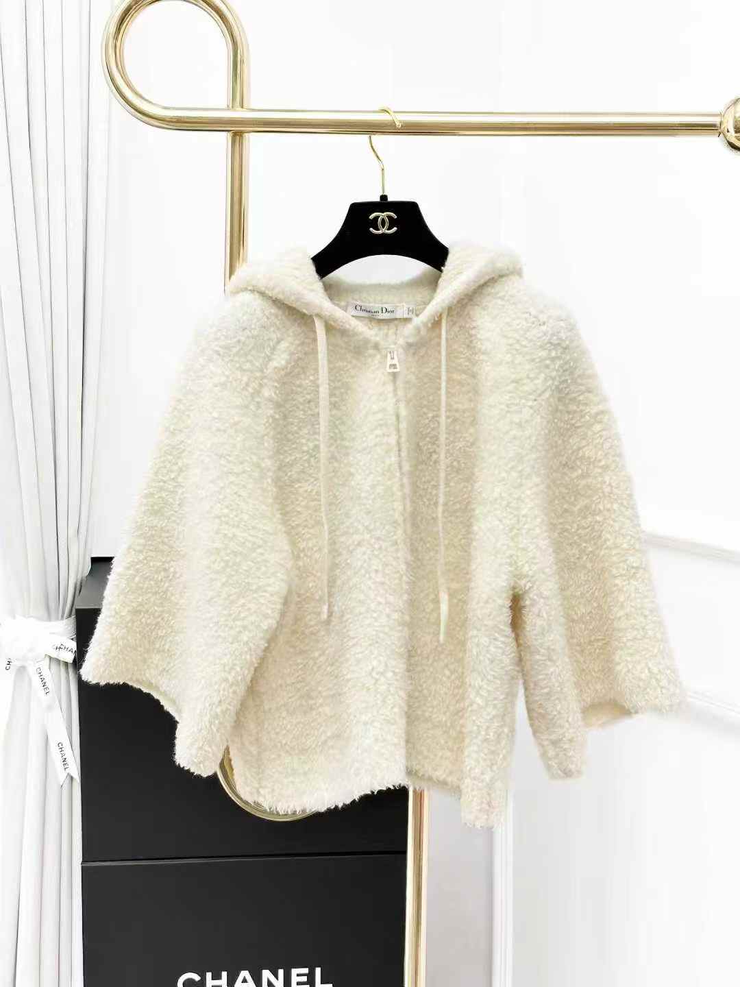 Dior monogram logo cream-coloured lambswool hooded cape coat