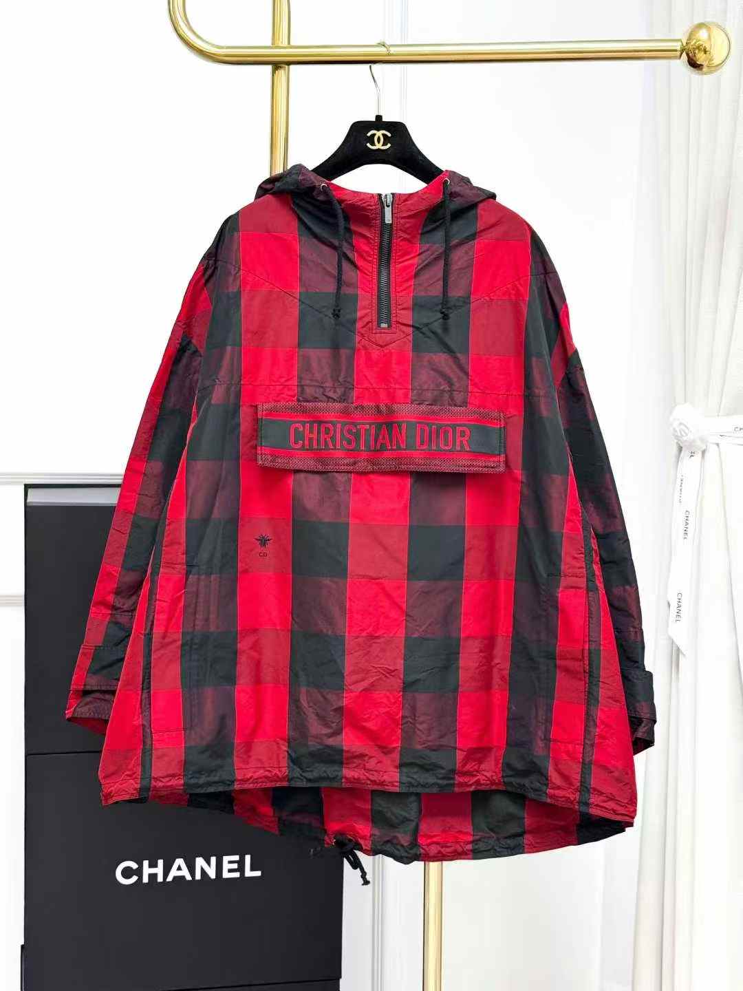 Dior Red Check Hooded Jacket, Outerwear