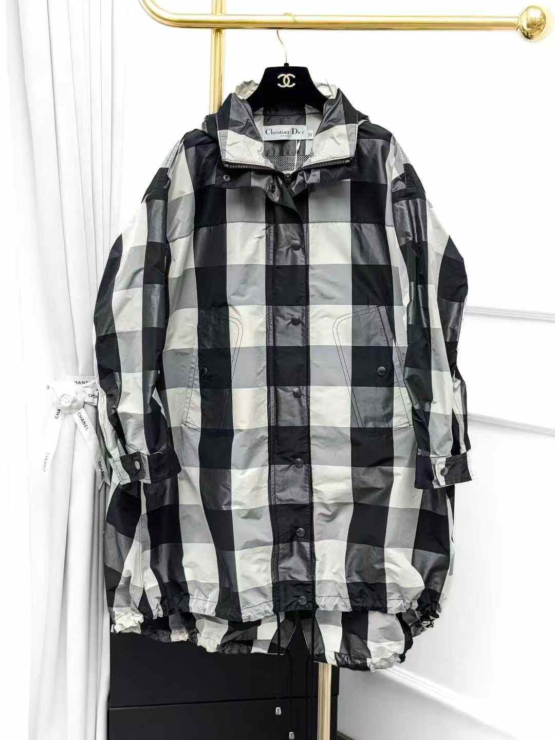 Dior Black and White Check Hooded Longline Jacket, Outerwear