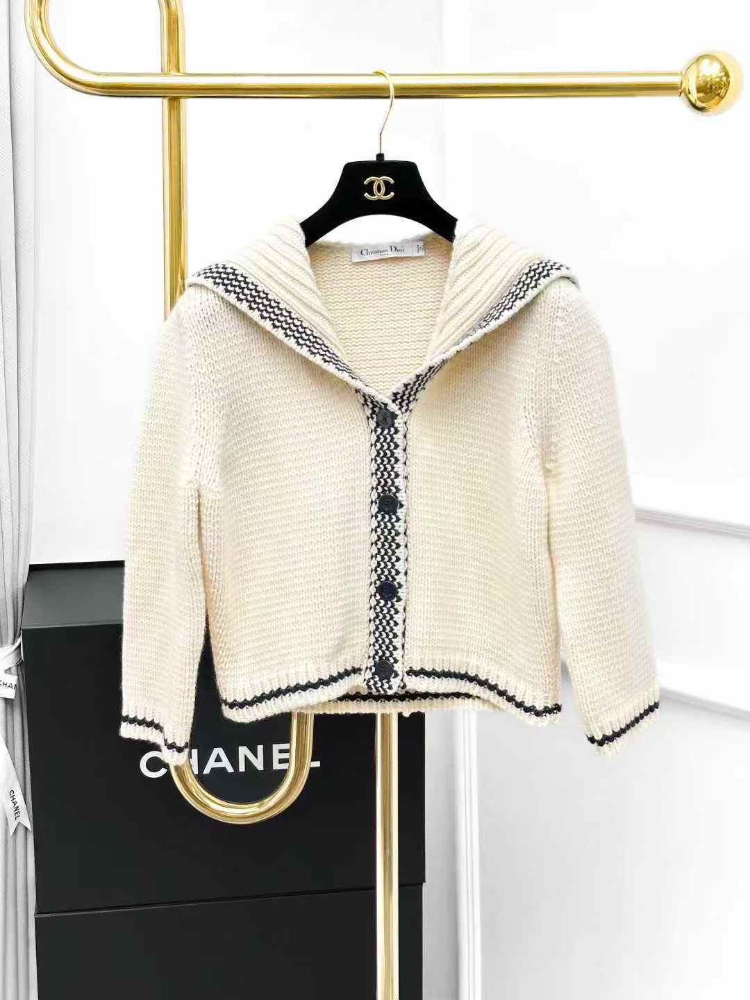 Dior Cream-Coloured Knitted Cardigan with Blue Letter Print and Sailor Collar