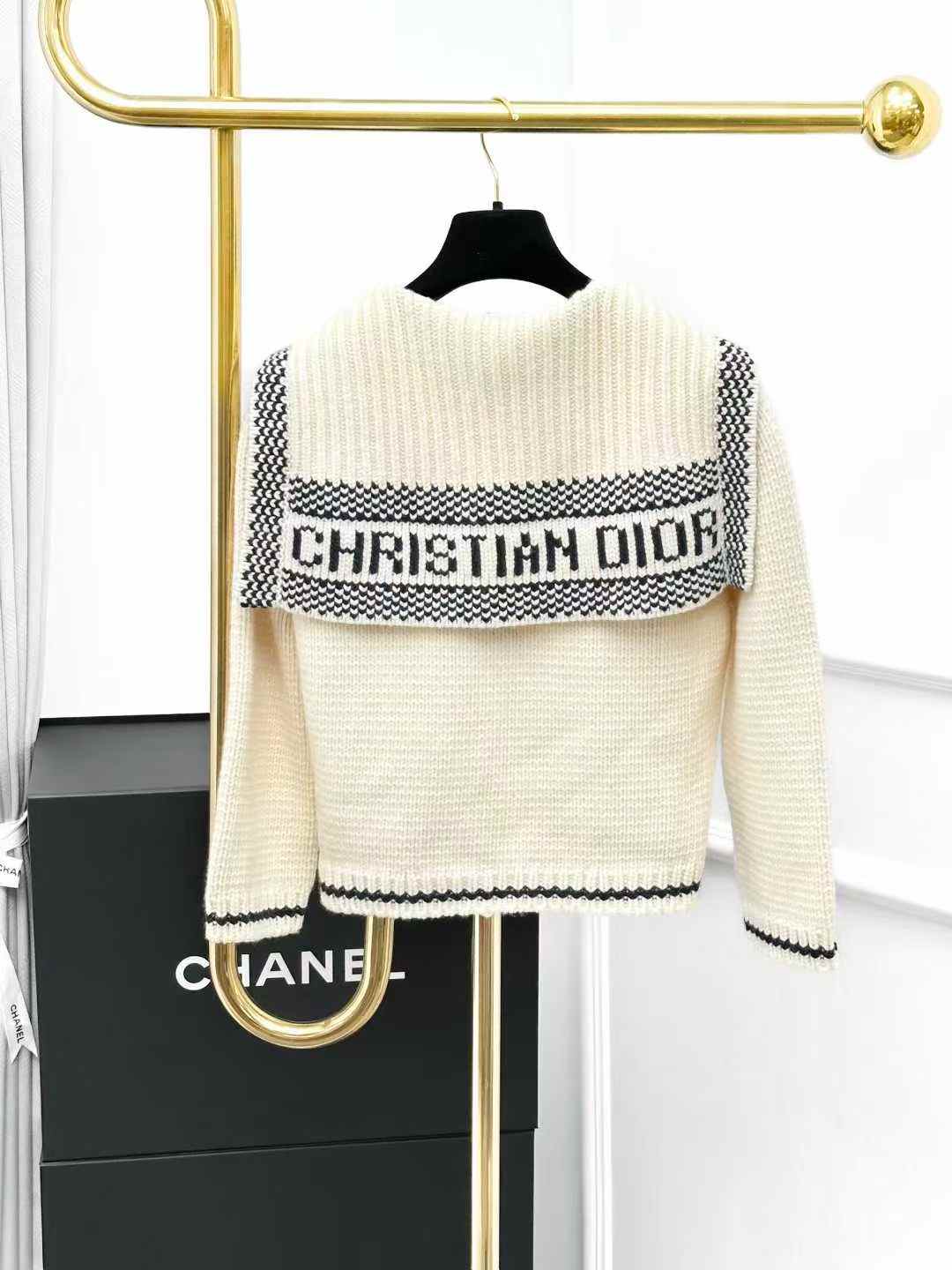 Dior Cream-Coloured Knitted Cardigan with Blue Letter Print and Sailor Collar