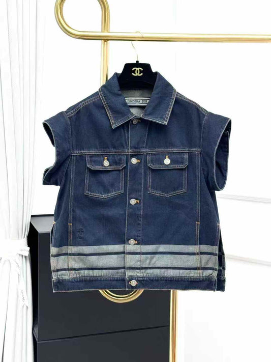 Dior Navy Blue Letter Print Denim Sleeveless Jacket