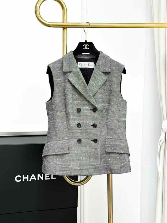Dior Grey and White Melange Collared Double-Breasted Waistcoat