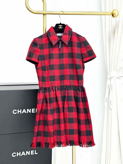 Dior Red and Black Tartan Fringe Zip-Front Short-Sleeved Collared Dress