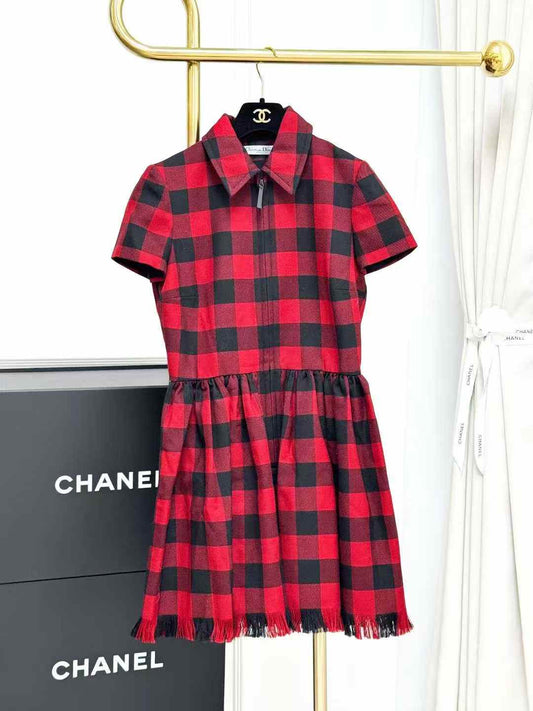 Dior Red and Black Tartan Fringe Zip-Front Short-Sleeved Collared Dress
