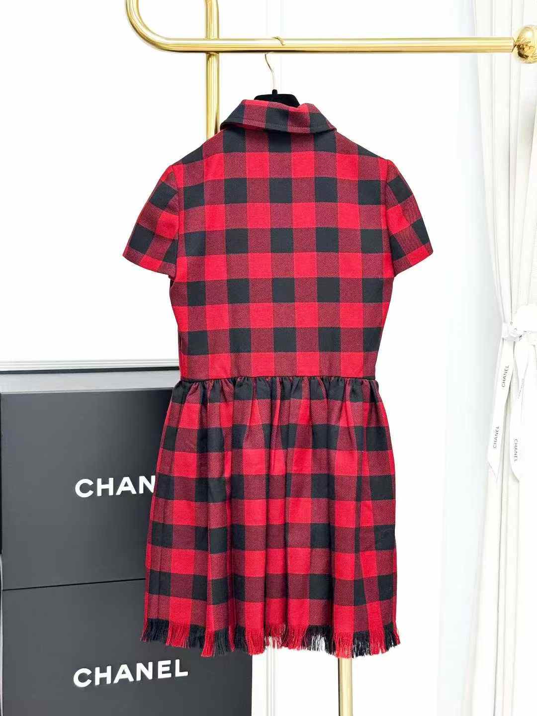 Dior Red and Black Tartan Fringe Zip-Front Short-Sleeved Collared Dress