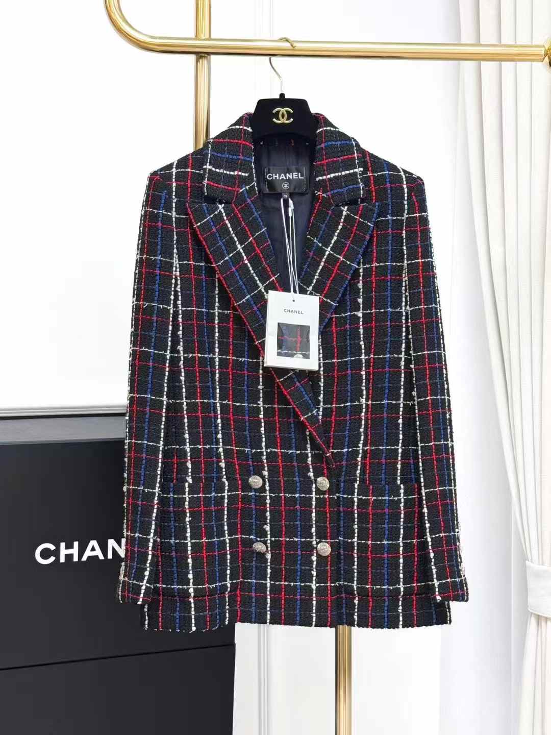 Chanel 24S Black Tweed Jacket with Red, White and Blue Check Collar